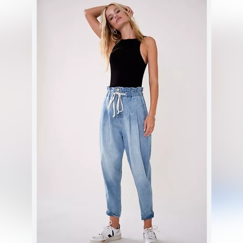 Free People Margate Blue Ankle Cropped Jeans with Paper Bag Waist